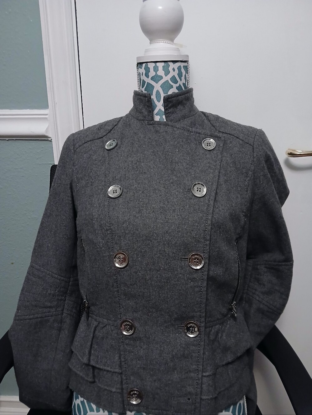 "Express gray wool ruffleWomen's Gray Double-Breasted Wool Blend Military Jacket